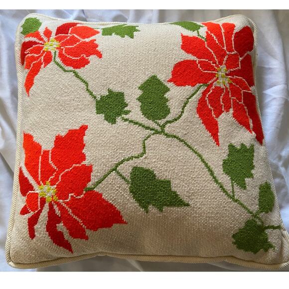 Vintage Poinsettia Cross‎ stitch Christmas Throw Pillow - Picture 1 of 5